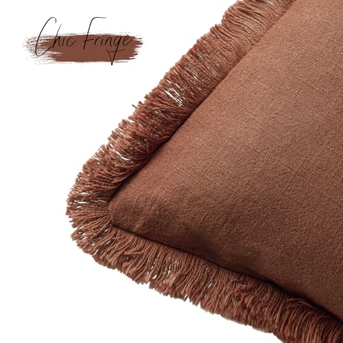 Image of Foindtower Set of 2 Decorative Linen Fringe Throw Pillow Covers Farmhouse Cushion Cover with Tassels Soft Accent Pillowcase for Couch Chair Sofa Bed Living Room Home Decor,18x18 Inch,Fall Rust Orange
