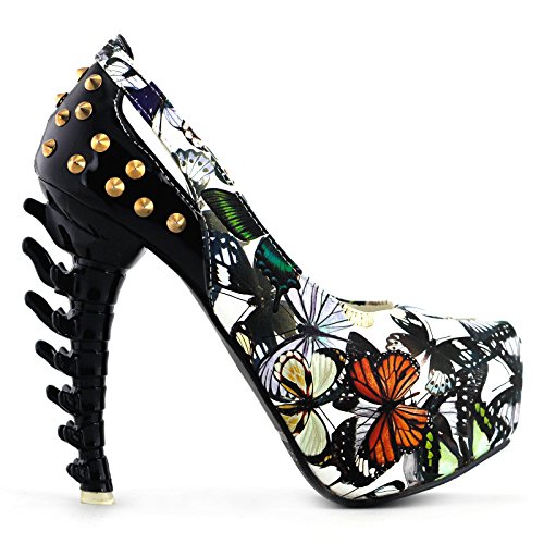 SHOW STORY Rock Butterfly Stud Cut-Out Peep-Toe Platform Bone Heel Pumps,LF80626