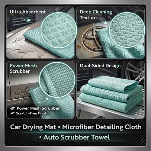 Image of Cutting EDGE 220 GSM Car & Bike Cleaning Combo Set of 3, Microfiber Cloth, Scrub Cloth & Drying Mat, Absorbent, Lint Free & Scratch Free for Car Cleaning (Light Green)