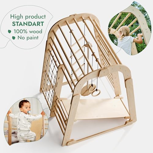 Image of Goodevas Wooden Kids Climbing Frame Indoor - Montessori Playground with Slide, Climbing Wall & Rope Ladder - Enhanced Montessori Gym for Children Ages 3 to 8