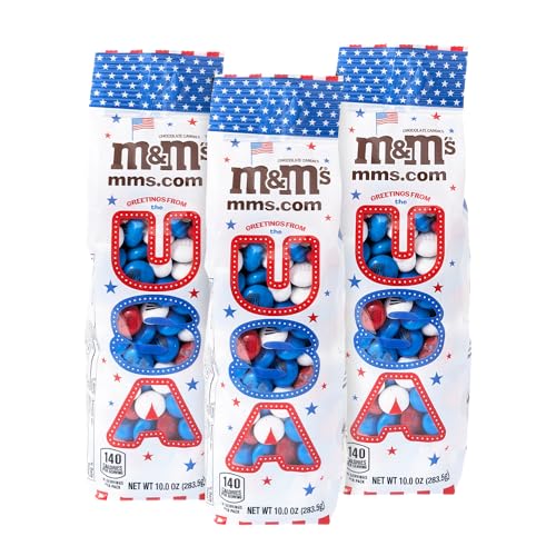 M&M’S Patriotic Candy 3-Pack, 10oz Bag of Red, White, and Blue Candy with Patriotic Design for Gifts, Candy Bowls, Party Décor