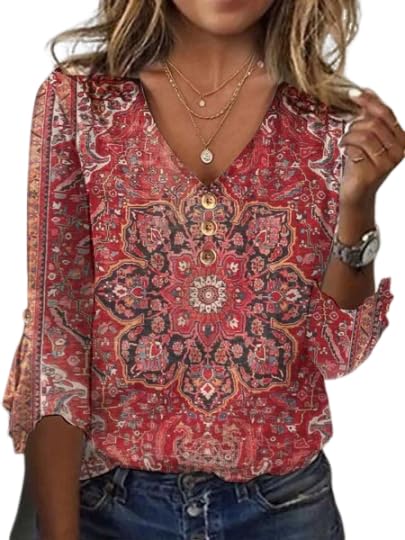 Women's Boho Ruffle 3/4 Sleeve Shirt Dressy Casual Floral Print V Neck Blouse Plus Size Vintage Ethnic Print Shirts Top