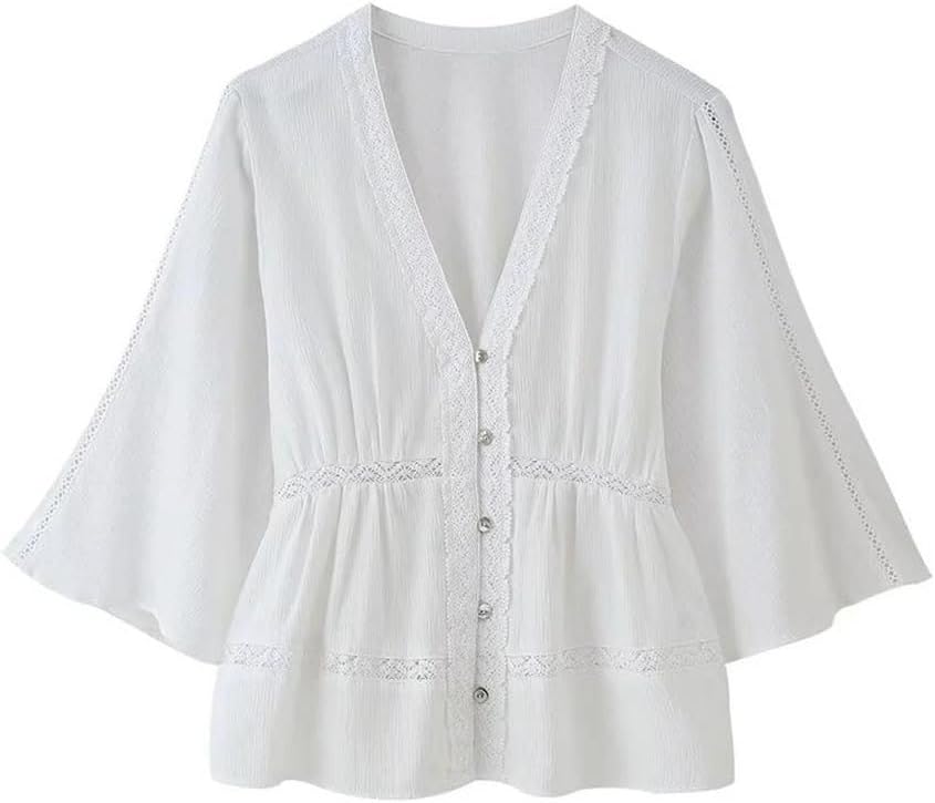 Women's V-Neck Single-Breasted Lace-Trimmed Shirt