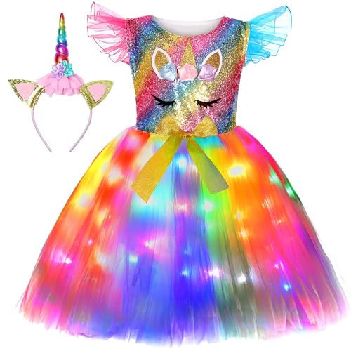 Soyoekbt Girls Unicorn Costume LED Light Up Unicorn Dress for Girls Princess Birthday Party Dress Up (5-6 Years)