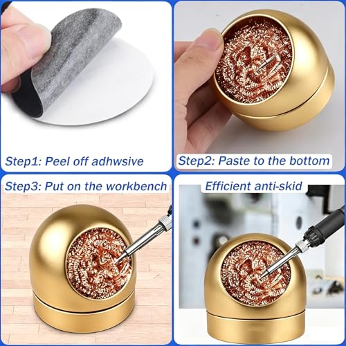 Image of Soldering Iron Tip Cleaner Non-slip Solder Tip Cleaning Wire Ball & Base Holder Soft Coiled Brass Tip Cleaner Kit (Gold)