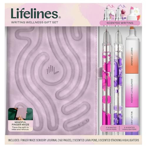 Lifelines Writing Wellness Gift Set - Scented Writing Set Includes Finger Maze Sensory Journal, 3 Scented Stacking Highlighters & 2 Lava Gel Pens - Aromatherapy & Sensory Immersion