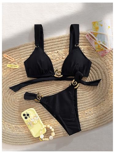 SweatyRocks Women's 2 Piece Swimsuit Tie Back High Cut Bikini Set Ring Linked Triangle Cheeky Bathing Suit4