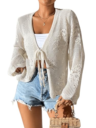 Milumia Women's Tie Front Hollow Out Crochet Light Weight Long Sleeve Cardigans