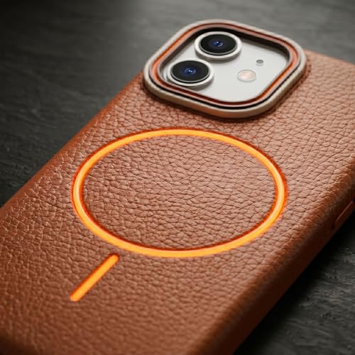 Image of amazon basics Luxury MagSafe Compatible Leather Texture Back Cover for iPhone 12 Pro | Raised Camera Protection | Slim Fit Shockproof Case with Metallic Accents (Orange)