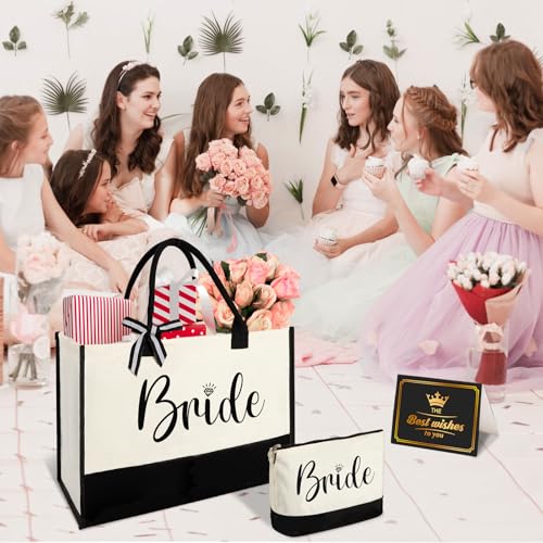 Image of Gifts for Women, Bridal Shower Gift Bag for Her,Wedding Bride Birthday Bags | Canvas Tote Bag with Makeup Bag, Large Capacity, Easy to Clean and Reusable, Waterproof, Gift for Christmas ,Bride To Be Gift