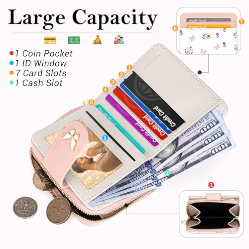 Image of BIAOTIE Wallet for Women Cute Floral Flower Wallet RFID Credit Card Holder Purse Small Bifold Zipper Coin Pocket Purse with ID Windows (Butterfly Pink)