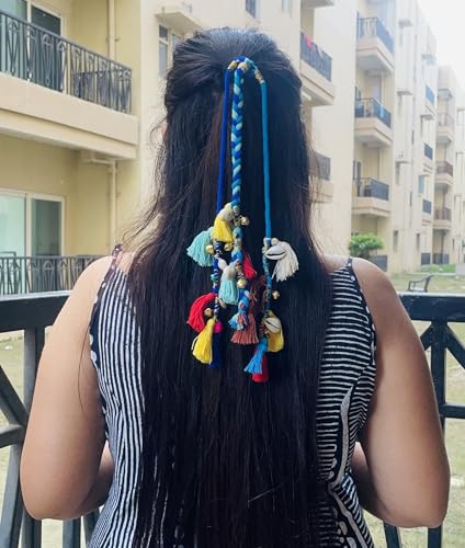 Image of Zippy Flora Boho Handmade Colorful Hair Strings for Navratri /Ethnic Look /Bohemian Styling, Colorful Braided Hairband, Thread Hair Accessories & Extensions (Shoulder Length (12-14 inch), Blue)