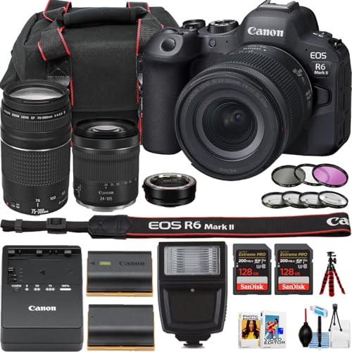 Canon EOS R6 Mark II Mirrorless Camera w/RF 24-105mm f/4-7.1 is STM Lens and EF 75-300mm f/4-5.6 III Lens + Camera Case + More (21 Piece Bundle) (Renewed)