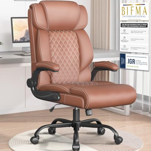 Image of Office Chair-Executive High Back Breathable Big and Tall Office Chair Flip-up Armrests Lumbar Support-Ergonomic Leather Rolling Swivel Chair with Rock Function for Working Studying Gaming,Brown