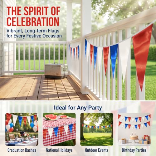 Image of 40M /130FT White Blue Red Triangle Pennant Banner Flag Metallic Fabric Bunting Garland for Christmas Graduation, Independence Day, 4th of july, Patriotic Themed Party Decoration