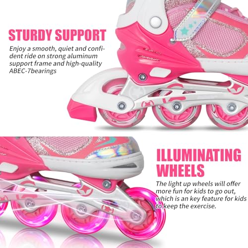 Image of Nattork Roller Skates for Girls with Light Up Wheel, Outdoor & Indoor Adjustable Inline Skates for Toddler Kids Youths Ages 6-10 7 8 9, Beginners Pink