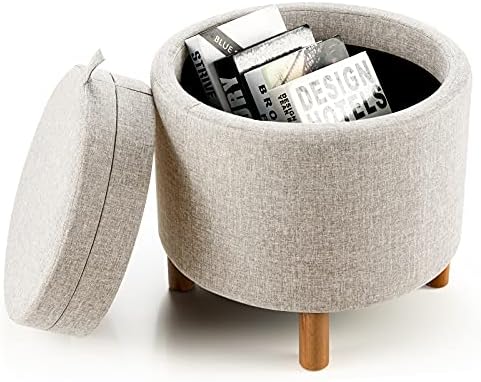 CASART Storage Ottoman, 4-in-1 Round Footstool with Removable Lid, Modern Padded Seat Upholstered Sitting Stool for Living Room Bedroom Hallway (Beige)