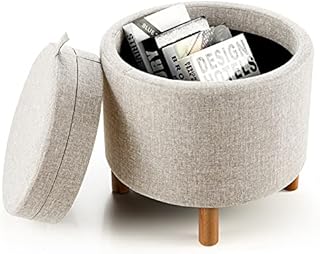 COSTWAY Linen Round Footstool, 4-in-1 Pouffe Storage Ottoman with Tray Top and Solid Wood Legs, Modern Padded Seat Footrest Vanity Stool for Living Room Bedroom Hallway (Beige)