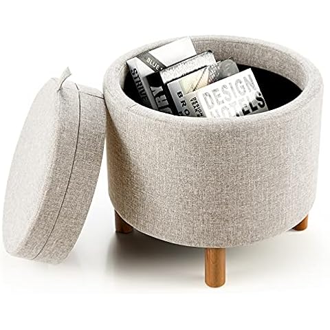 COSTWAY Linen Round Footstool with Storage Cover