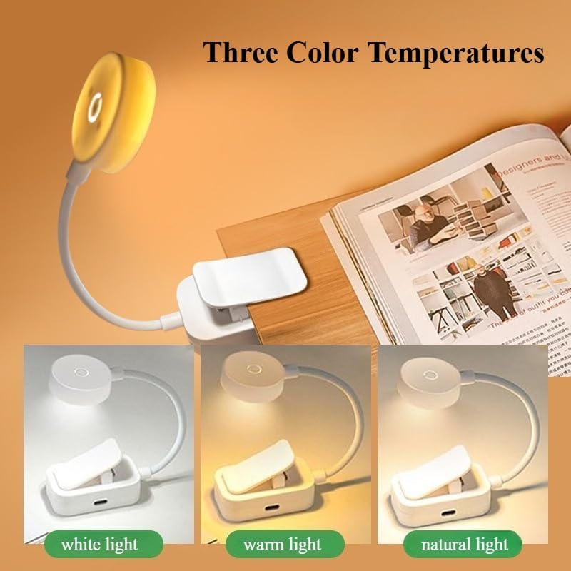 Night Light Reading Lamp USB Rechargeable Lights with 3 Colors Adjustable Flexible Book Light for Night Reading Bedside Work (White)