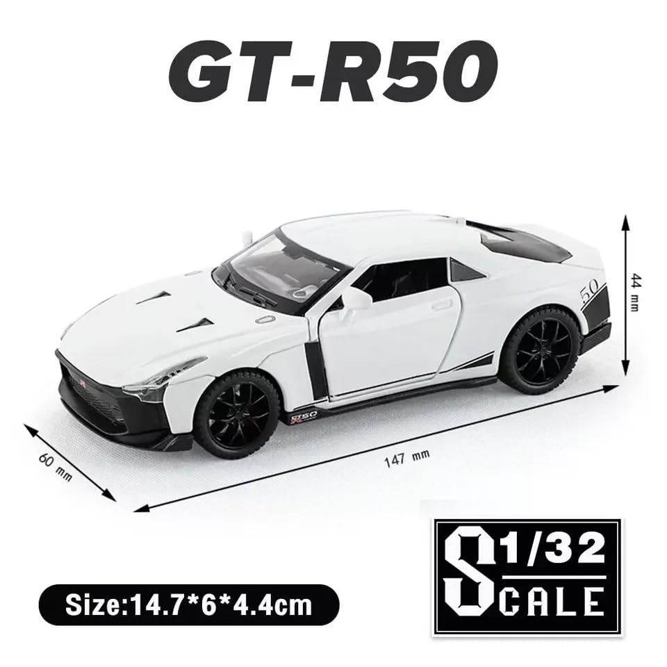 Image of 1:32 Nissan GTR50 Model Car, Diecast Collectible Pull Back Toy Car with Sound and Light for Adults, Kids, Boys, and Girls, Gift (White)