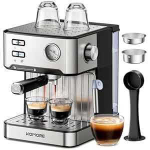 KOMORE Espresso Machine 20 Bar Stainless Steel Coffee Maker 1.6L Removable Water Tank Warm Cup Area Coffee Machine With Milk Frother for Cappuccino, Latte (3 Modes)