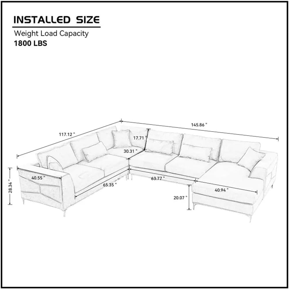 Large Sectional Sofa,145"(L) x117(W) Classic Look with Tufted Pattern On Outer Armrest and Back, Grey