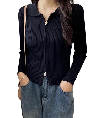 [Four leaf] おしゃれ ニット トップス カーディガン セーター カットソー レディース ジップアップ 長袖 襟付き セクシー 無地 服 リブニット リブ編み ジップカーディガン ニットカーディガンのサムネイル