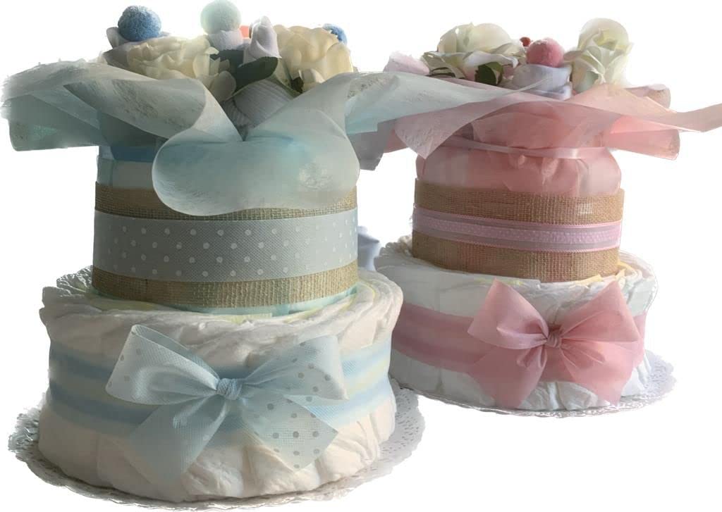Tarta De Pañales 2 Pisos Niña con BODIES bebé con forma Ramo de Flores - Regalo Original para recién nacido padres primerizos (Azul)