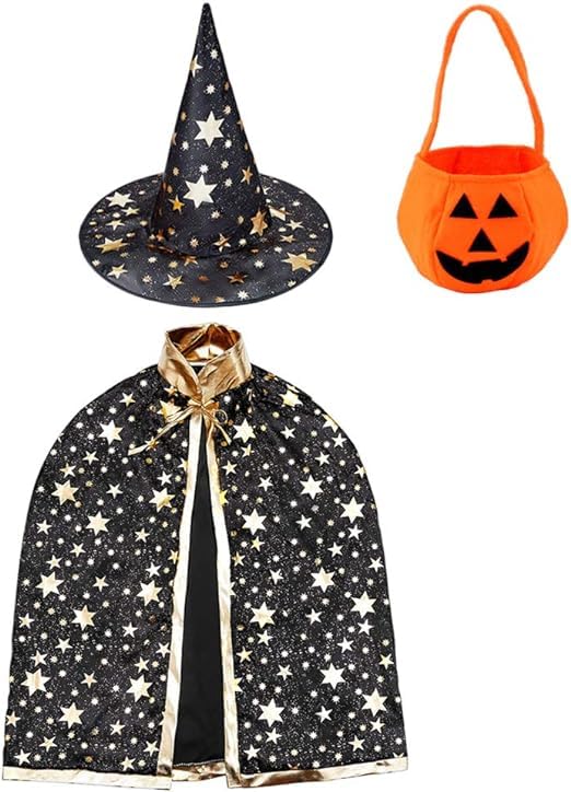 SVNFOXX Wizard Cape Witch Cloak With Hat, Pumpkin Candy Bag, Halloween Costume Props for Kids Cosplay Party