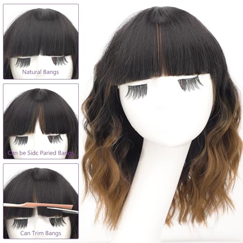 Image of AISI HAIR Ombre Brown Short Wavy Bob Wigs with Bangs for Women Ombre Brown Wavy Wig Natural Looking Resistant Fiber Synthetic Hair for Daily