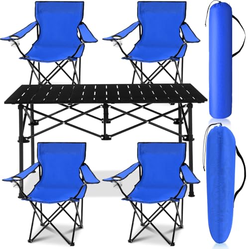 Burbell 5 Pcs Summer Portable Camping Chair and Folding Camping Table Set Outdoor Oxford Fabric Folding Chair Lawn Portable Camp Table with Cup Holder Carry Bag for Travel Fishing Sport(Blue)
