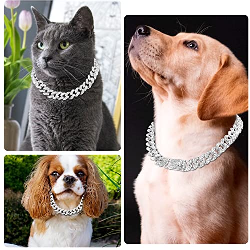 Image of Cuban Link Dog Collar Gold Silver Color Metal Dog Chain Collar Cuban Diamond Chain Pet Collars for Dogs Cats Jewelry 8 /10 /14 /16 /18 /20 /24 /28 Inch (16inch, Silver)