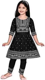 Kids Traditional Embroidered Dress with Leggings, Black and Silver, 3/4 Sleeve Kurti Set Price In India