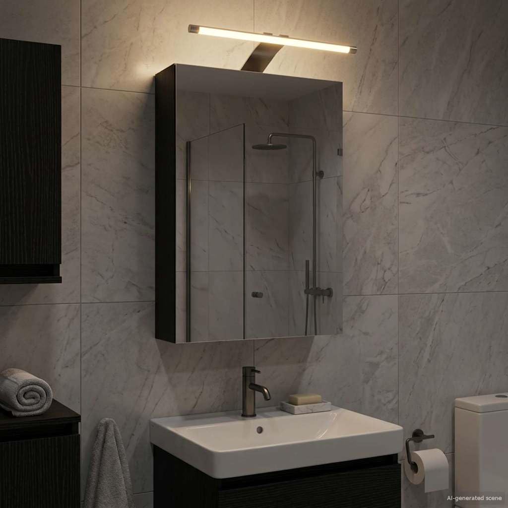 Szafka łazienkowa z lustrem w kolorze czarnym o wyglądzie dębu, 30 x 10,5 x 50 cm, materiał drewnopochodny z dwukierunkowym lustrem, montaż na ścianie, paski LED, schowek, regał, drzwi