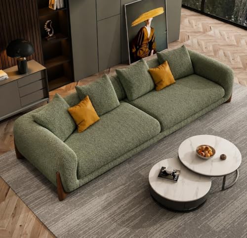 Image of Modern Sofa, Teddy Fabric, Chesterfield Style, Wooden Legs, for Living Room, Bedroom, Hallways (Olive - 3 Seater)