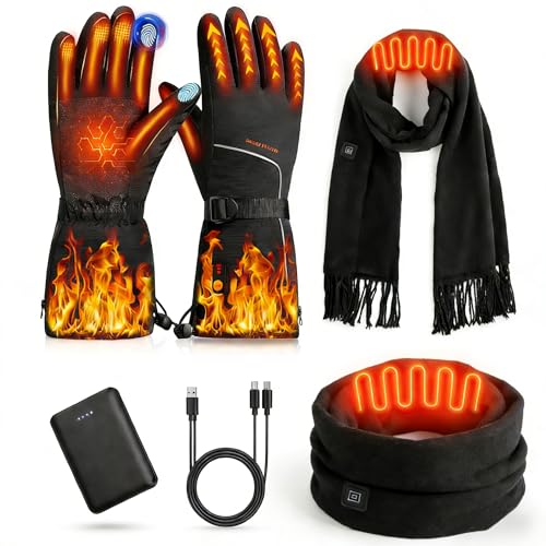 Heated Gloves and Heated Scarf for Men Women, 7.4V 6000mAh Battery Heated Work Gloves, Rechargeable Heated Gloves Waterproof,3 Temperature Settings,Touchscreen,Hunting Skiing Size L