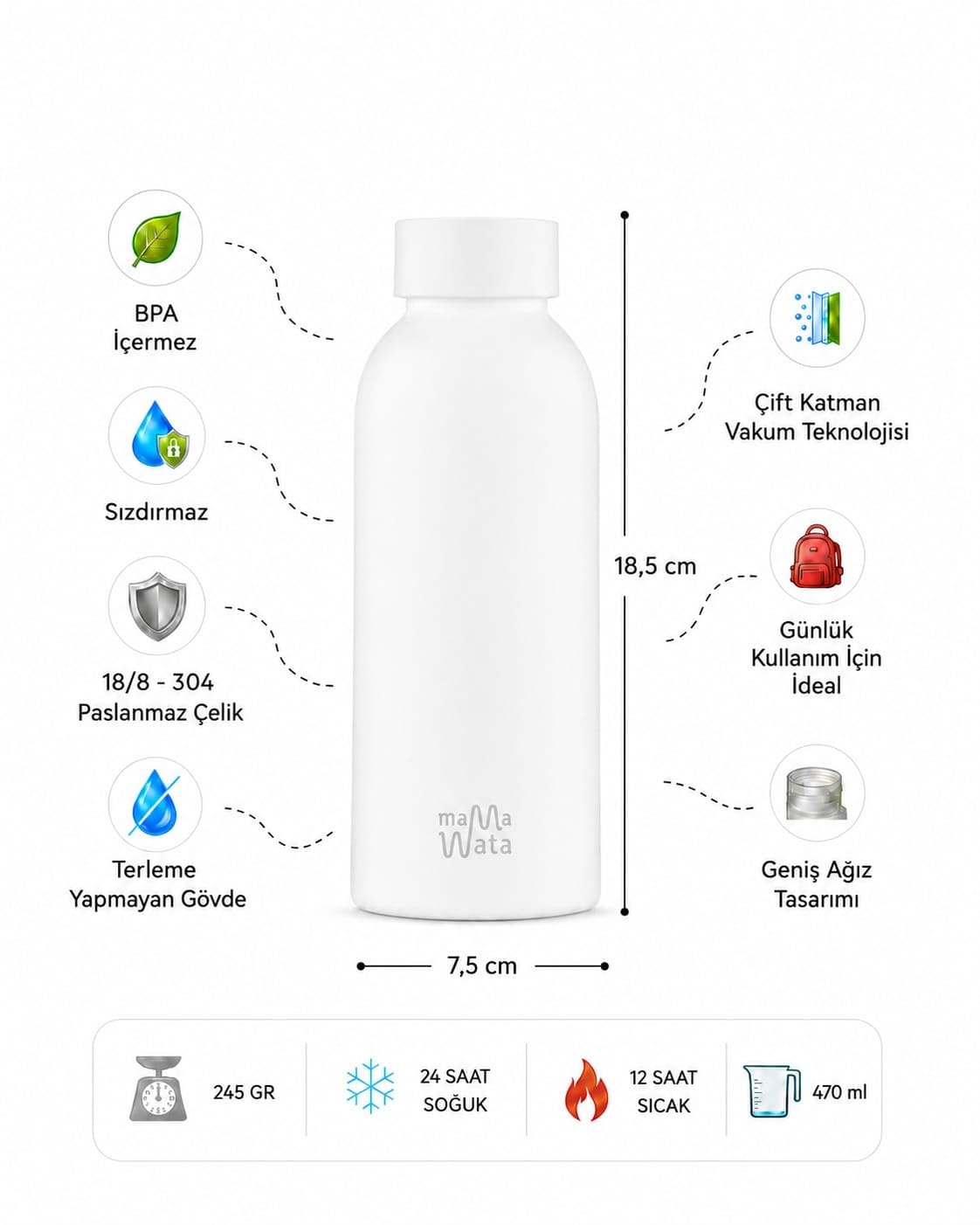 Borraccia Termica 470 ml in Acciaio Inox, Bottiglia Termica 24h Cold 12h Hot Ermetica, Borraccia Personalizzata Hearts, Borracce Termiche Bambini Ragazzi Adulti, BPA Plastic-Free 18,5H cm