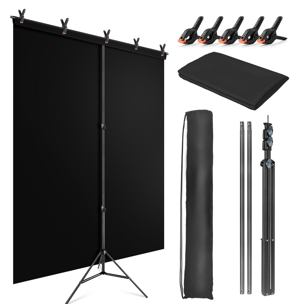 JEBUTU Black Backdrop Background with Stand for Photoshoot, 5x6.5ft Black Photo Backdrop Curtain Cloth with Background Support Stand, 5 Spring Clamps& Carrying Bag for Party Photography Video Studio