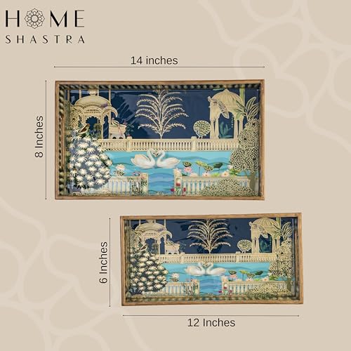 Image of Swan Wooden Serving Tray with Gold Engraving | Set of 2 | Size : 14 x 8 inch & 12 x 6 inch | Enamel Coated Waterproof | Rectangular | Swan Set of 2