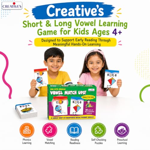 Image of Creative's Fun with Phonics Vowel Match-Ups for Kids Ages 4+ Years, 25 Two-Piece Puzzles, Short & Long Vowel Sounds, Spelling, Phonics Reading & Word Building Game