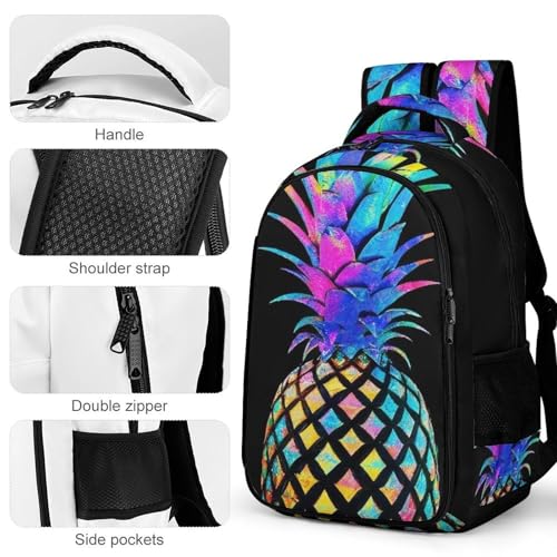 Unisex Backpack with Side Pockets, Women Men Durable Spacious Backpack, Colorful Pineapple Black Comfy Shoulder Bag for Travel, Daily Commuting4