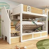 LTGB Bunk Beds for Kids, Staircase Bunk with Storage Cube, Children's Bed with Hydraulic Storage, Double Bed High Sleeper for Family with Multiple Children, 90 x 190 cm, Solid Wood, White & Natural