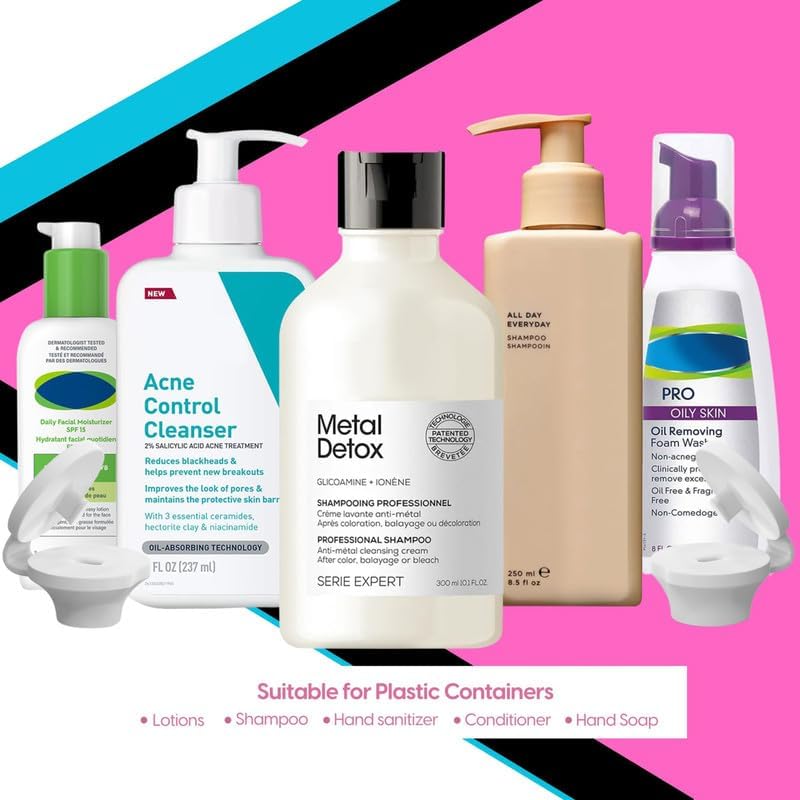 Miniatura 3 de Tapa de vaciado de botellas para el hogar y el baño, práctico diseño abatible para vaciar botellas con bomba (paquete de 6, dos pequeñas, medianas y