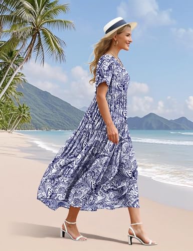 Image of YESNO Women's Summer Maxi Dresses Casual Floral Short Sleeve V Neck Boho Beach Vacation Swing Dress with Pockets EVF