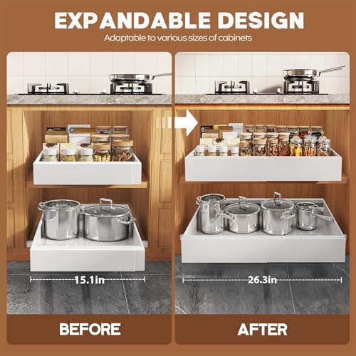 Seinloes-2-Pack-Pull-Out-Cabinet-Organizer-for-Wide-CabinetsExpandable-151-263-Width21-Deep-Slide-Out-Drawers-With-Raising-Pad-for-Framed-Cabinets3-Slide-RailsNo-Drill-Roll-Out-ShelvesWhite