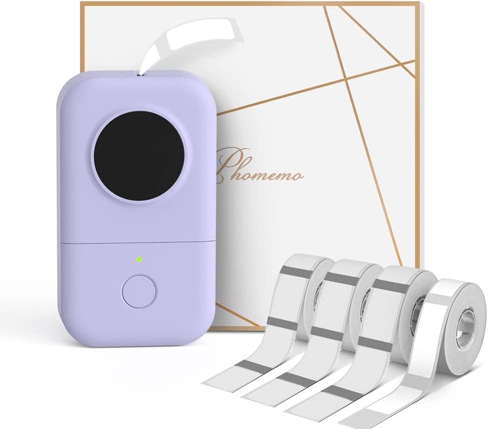 D30 Purple Label Maker Machine with 4 Tapes - Black on Clear, White Tape, Mini Bluetooth Label Printer, Portable Smart Phone Handheld Sticker Mini Labeler Inkless Rechargeable, BPA-Free
