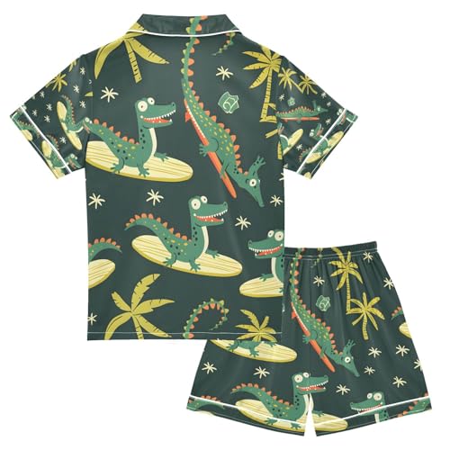 senya Crocodile Surfer Cartoon Satin Summer Pajama Sets Silk Short Sleeve Button Down Sleepwear2