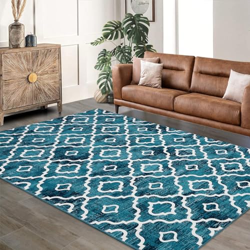 GlowSol 5x7 Area Rug for Living Room Washable Rug Modern Trellis Farmhouse Neutral Geometric Low Pile Water Repellent Non-Slip Soft Rug for Dining Room Bedroom Teal