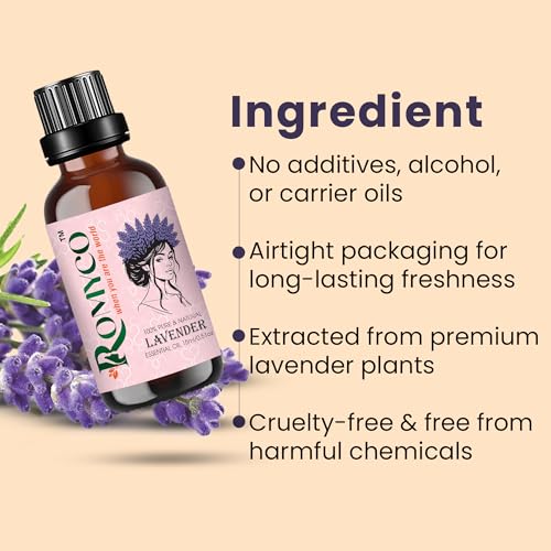 Image of Romyco Lavender Essential Oil 15ml for Long Thick Strong Hair | Soothing Relaxation, Stress Relief & Sleep Support | Shiny Bouncy Hair | Aromatherapy & Diffuser Oil | Pure Natural Undiluted Therapeutic Grade